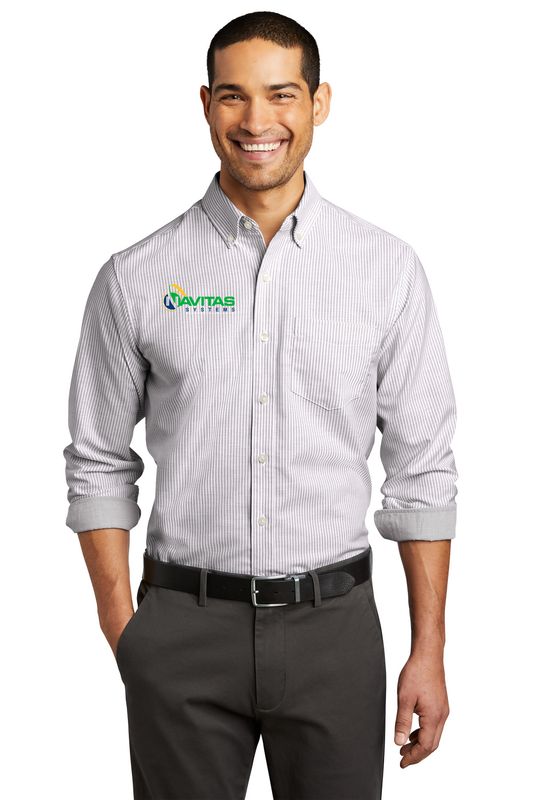 Port Authority SuperPro Oxford Stripe Shirt- Grey - Embroidered