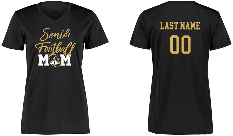 SENIOR MOM T-SHIRT: Ladies Nexgen Wicking Tee- Black, Maroon with Gold Glitter