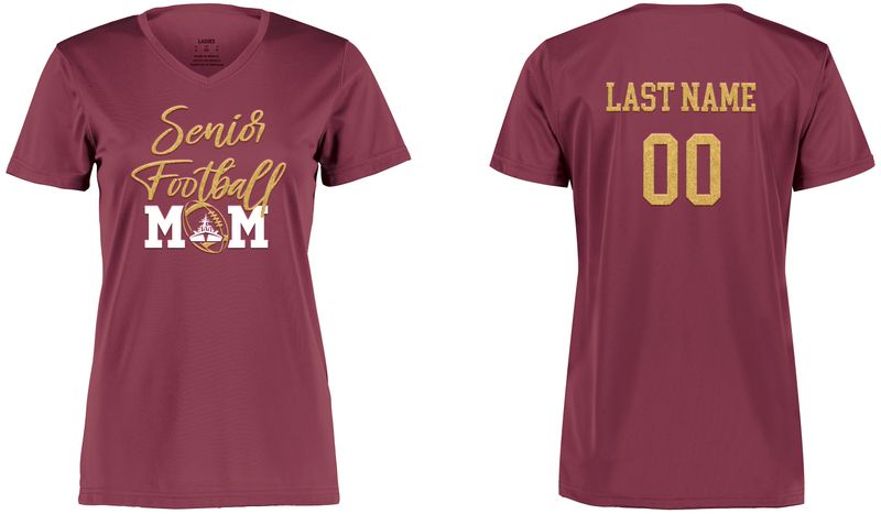 SENIOR MOM T-SHIRT: Ladies Nexgen Wicking Tee- Black, Maroon with Gold Glitter