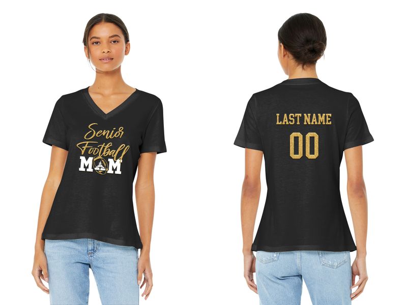 SENIOR MOM T-SHIRT: Women’s V-Neck Relaxed Jersey Short Sleeve Tee - Maroon or Black with Gold Glitter