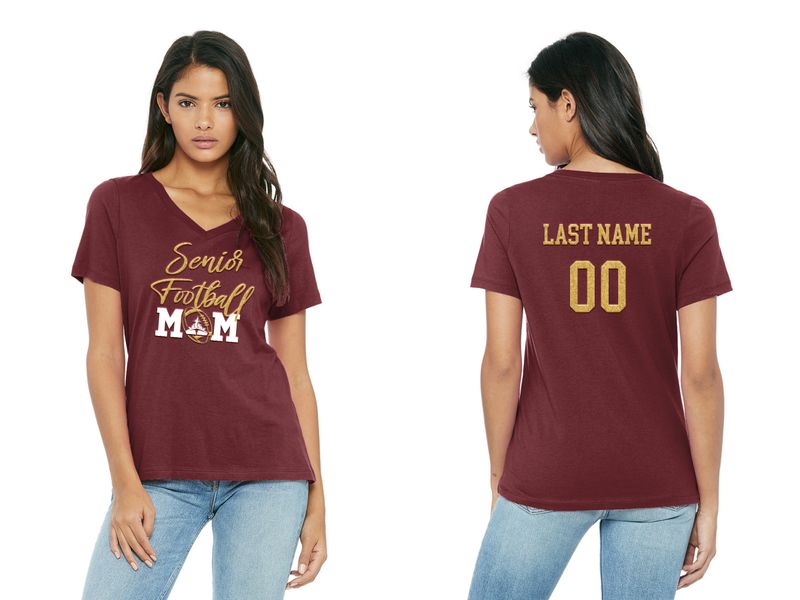 SENIOR MOM T-SHIRT: Women’s V-Neck Relaxed Jersey Short Sleeve Tee - Maroon or Black with Gold Glitter