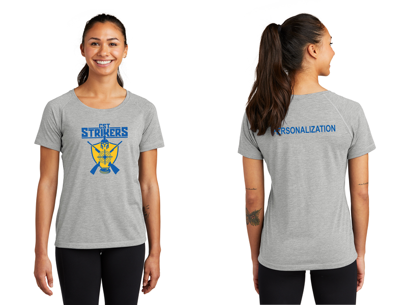 Ladies Tri-Blend Wicking Scoop Neck Raglan Tee-Grey Heather, True Royal
