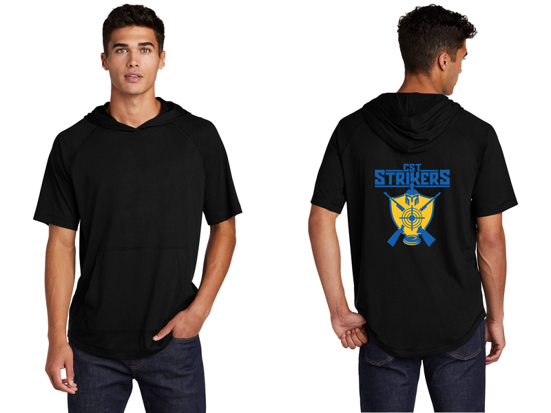 Sport-Tek PosiCharge Tri-Blend Wicking Short Sleeve Hoodie- Black, True Heather Navy