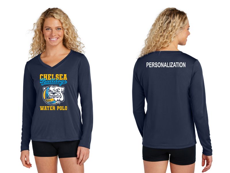 Ladies Long Sleeve Performance Tee- Navy, Concrete Grey