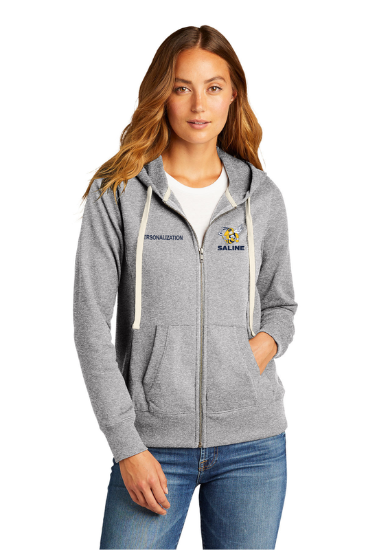 District Women's Re-Fleece Full-Zip Hoodie-Navy, Light Grey