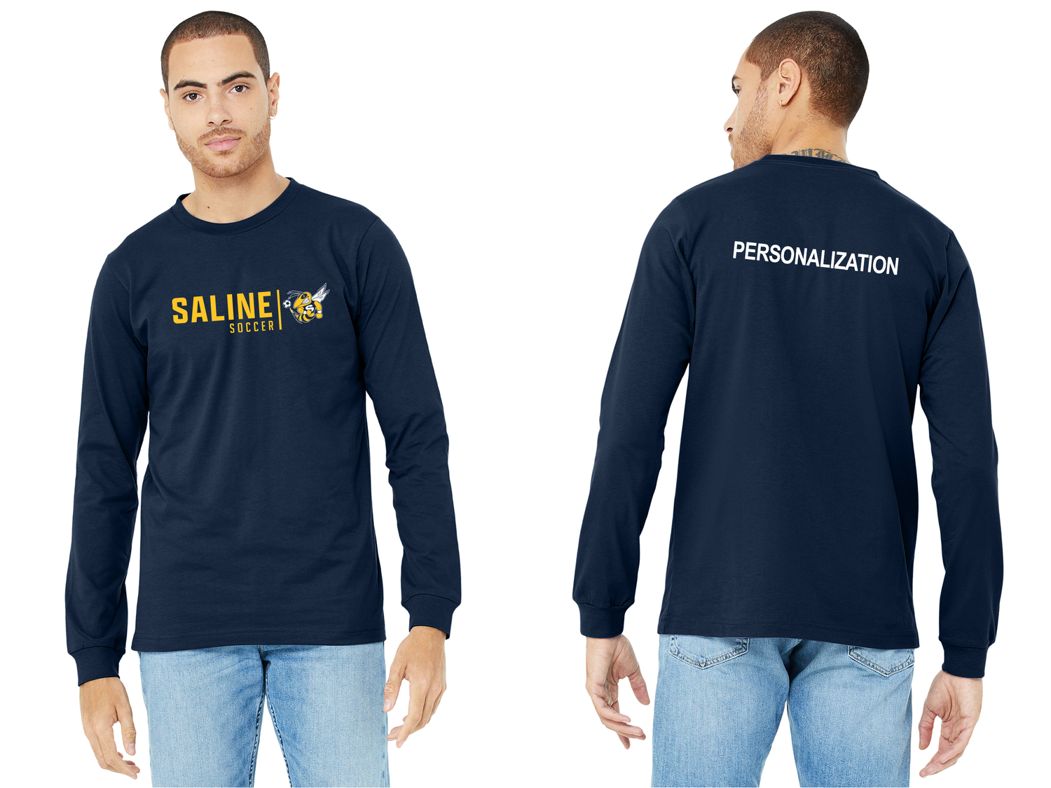 Adult Soft Cotton Long Sleeve T-Shirt- Navy, White