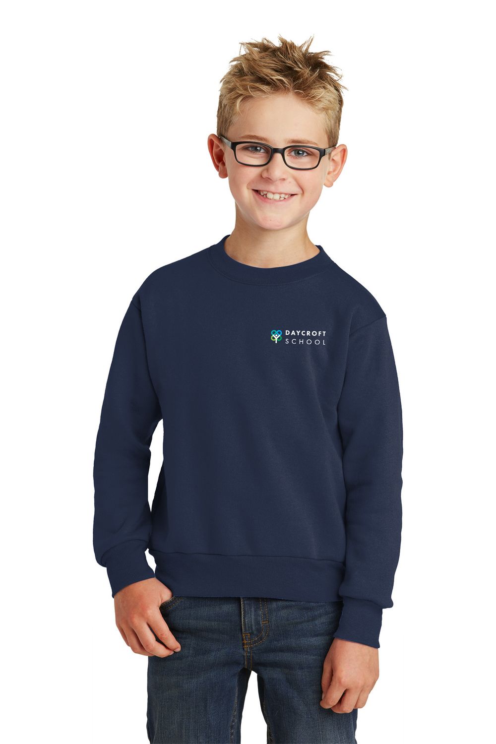 Youth Fleece Crewneck Sweatshirt with Embroidered logo-Navy, Heather Grey, White