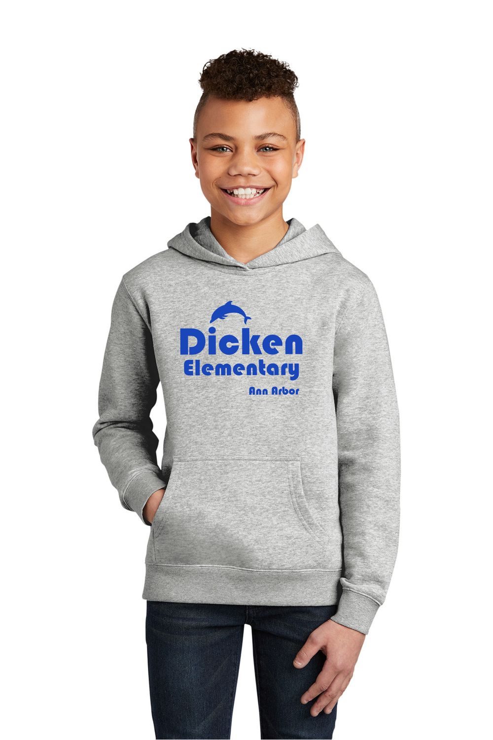 Youth District Fleece Hoodie (with Retro Logo)- Light Heather Grey, Royal Frost