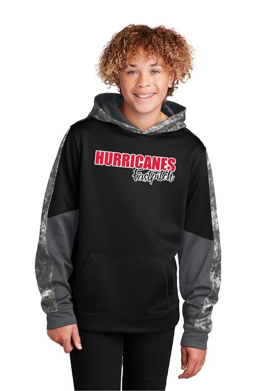 Sport-Tek Youth Sport-Wick Mineral Freeze Fleece Colorblock Hooded Pullover- Black, Dark Smoke