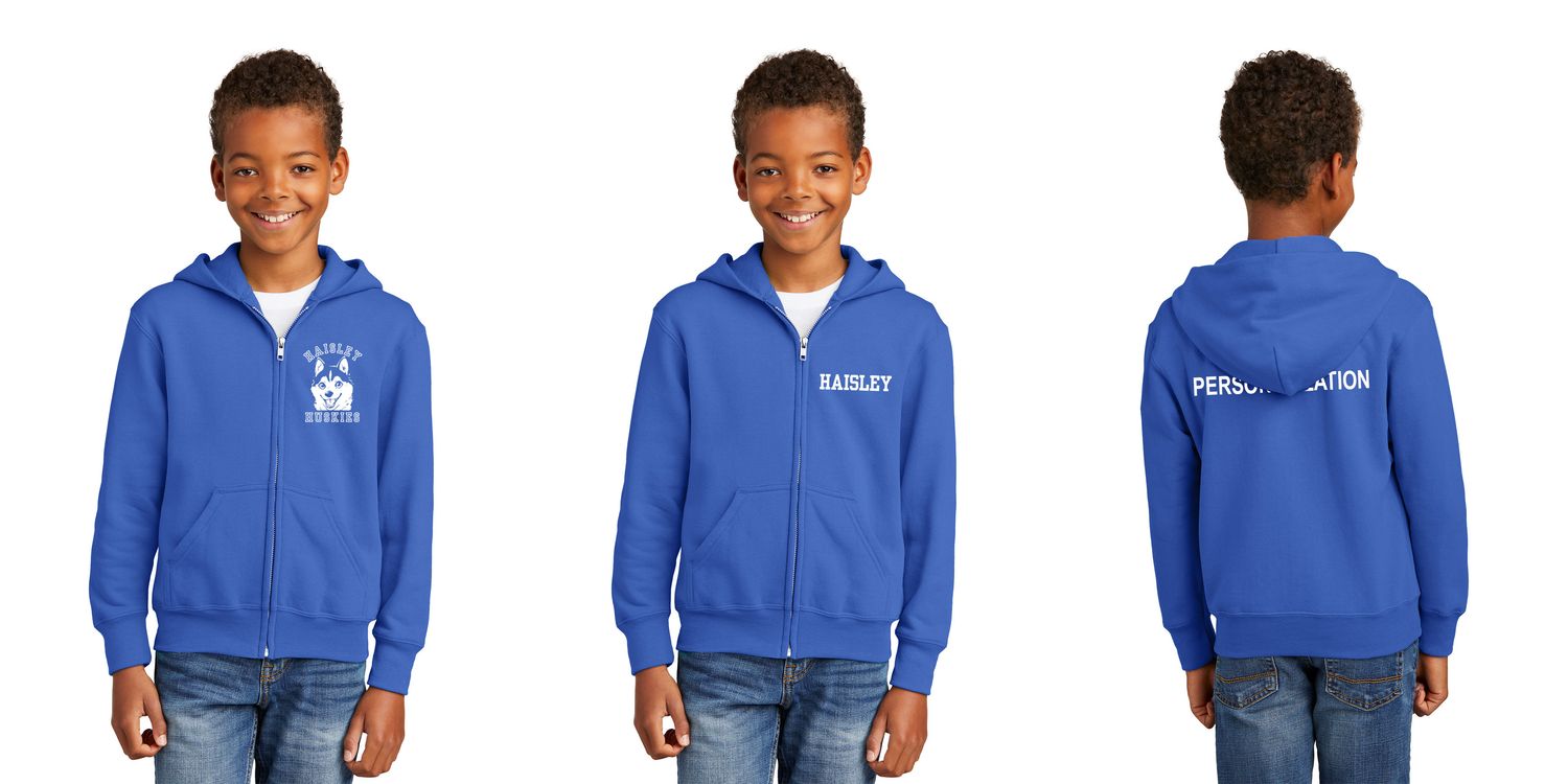 Youth Fleece Full-Zip Hooded Sweatshirt: Royal, Athletic Heather, Neon Pink, Purple, Kelly