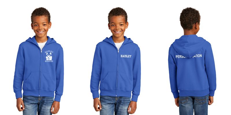 Youth Fleece Full-Zip Hooded Sweatshirt: Royal, Athletic Heather, Neon Pink, Purple, Kelly