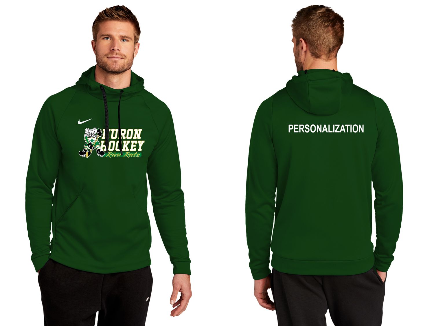 Adult Nike Therma-FIT Pullover Fleece Hoodie- Dark Green, Black