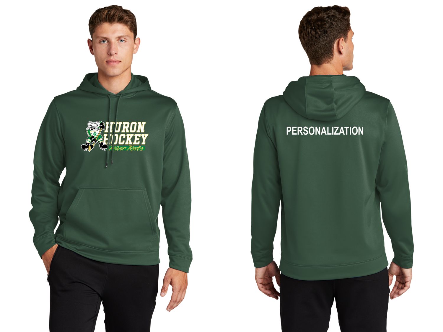 Adult Performance Hooded Sweatshirt- Dark Green, Black, White