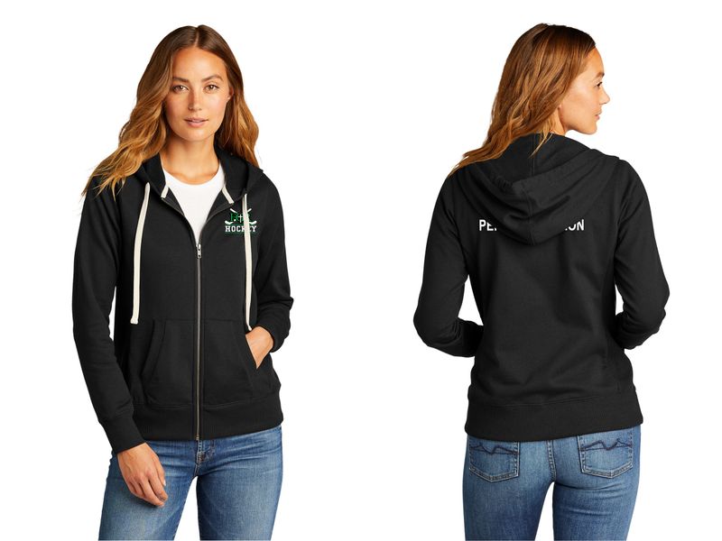 District Women&#39;s Re-Fleece Full-Zip Hoodie-Black, Light Heather Grey