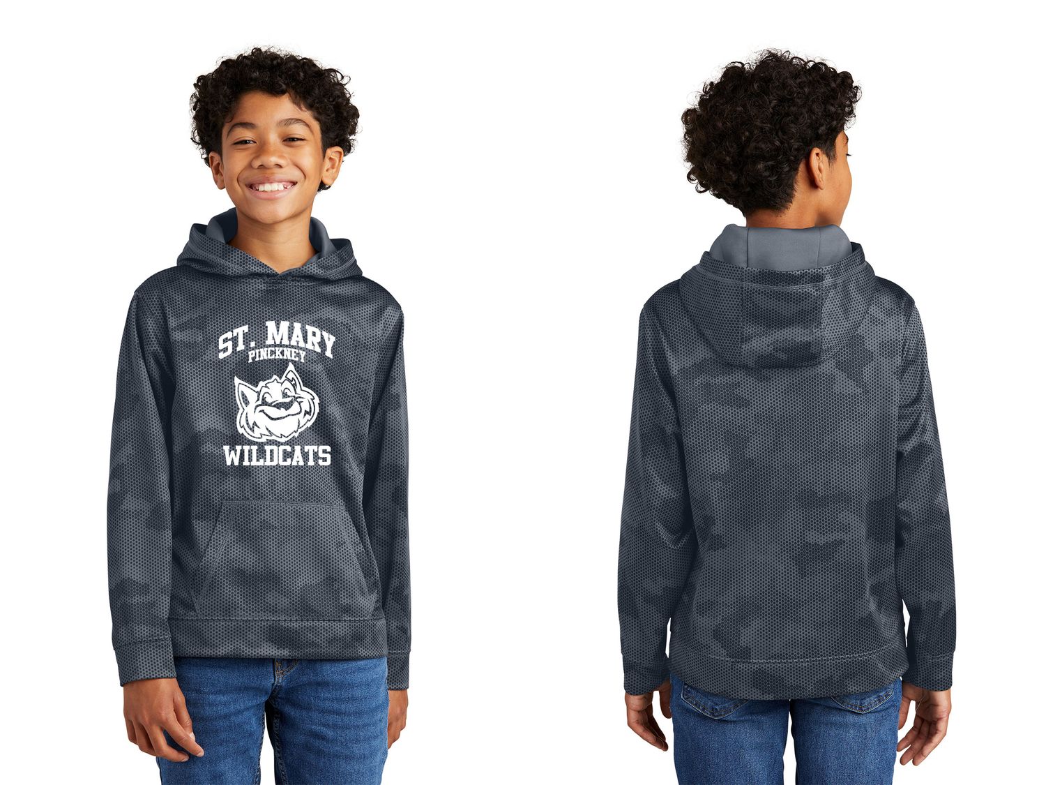 Youth Camo-Hex Fleece Hooded Pullover-Dark Grey, Royal, White