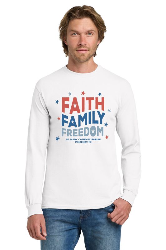 Long Sleeve Tee Faith, Family, Freedom logo (Adult and youth sizes)- White