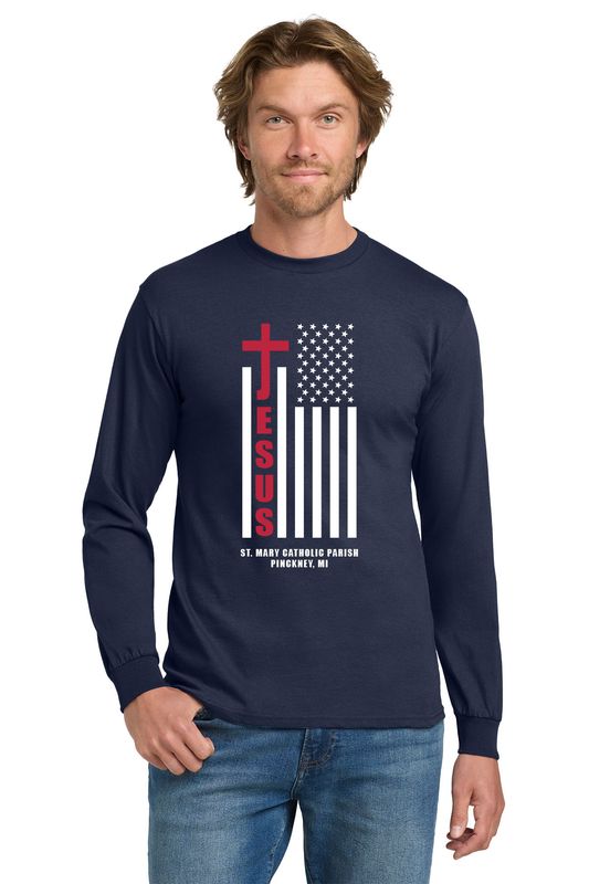 Long Sleeve Tee Flag logo (Adult and youth sizes)- Navy