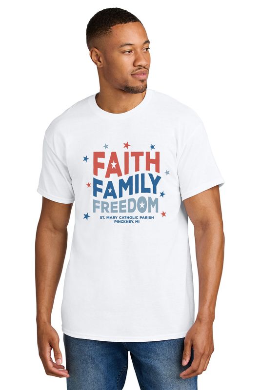 Short Sleeve Tee (Adult and youth sizes) -  Faith, Family, Freedom Logo- White