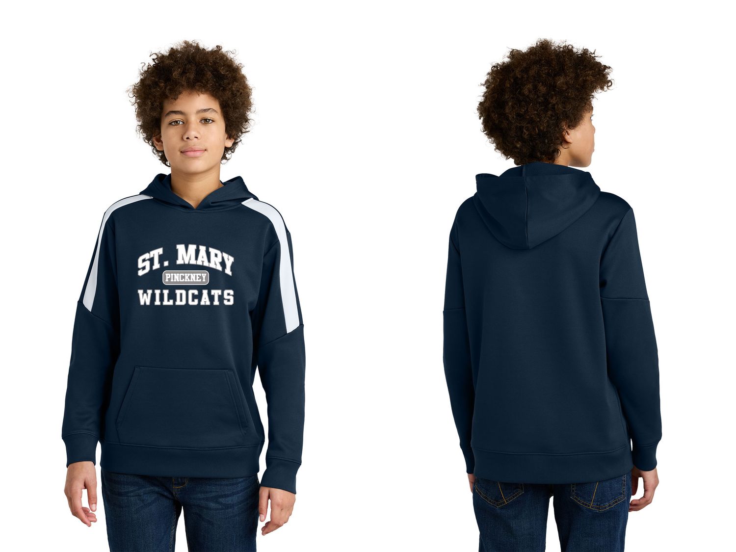 Sport-Tek Youth Sport-Wick Fleece United Pullover Hood- Athletics Logo- Royal/White, Navy/White