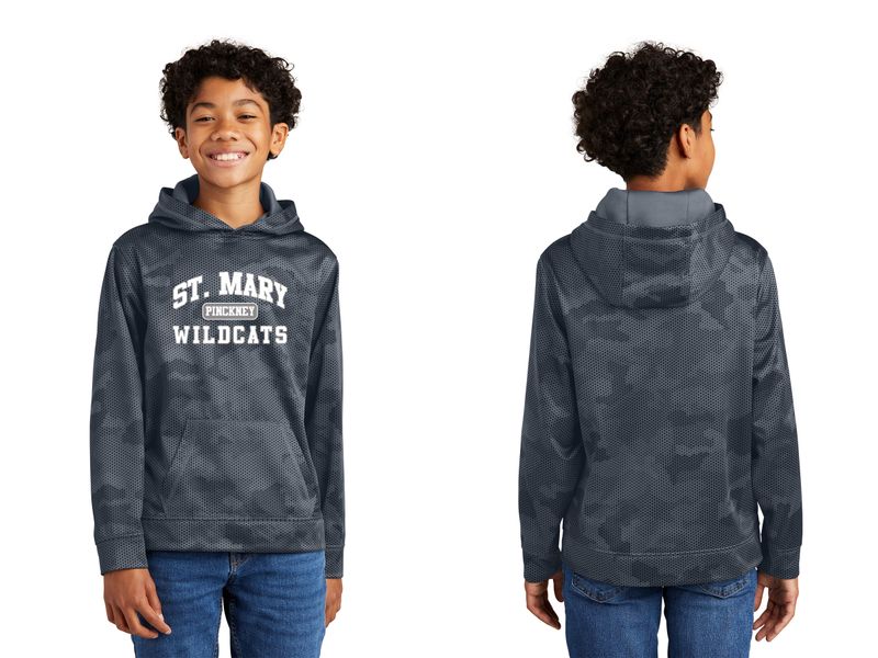 Youth Camo-Hex Fleece Hooded Pullover-Athletics Logo- Dark Grey, Royal, White