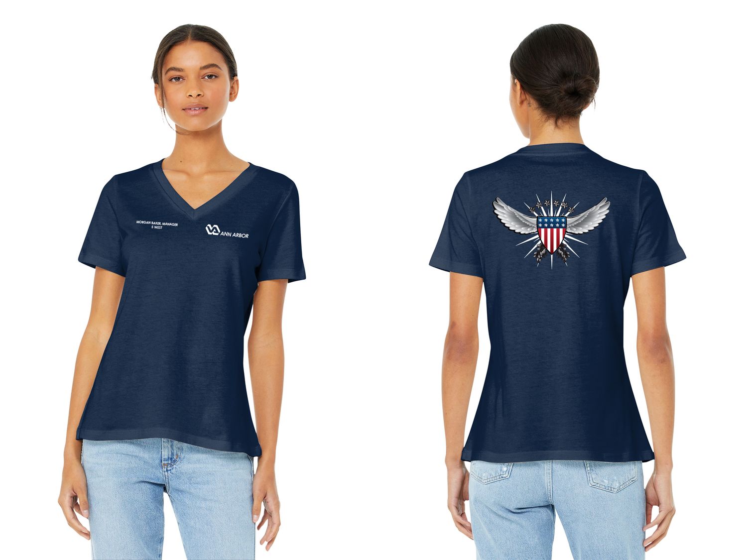 BELLA+CANVAS Women’s Relaxed Jersey Short Sleeve V-Neck Tee (Wing/Shield logo)- Navy/ Red/ White