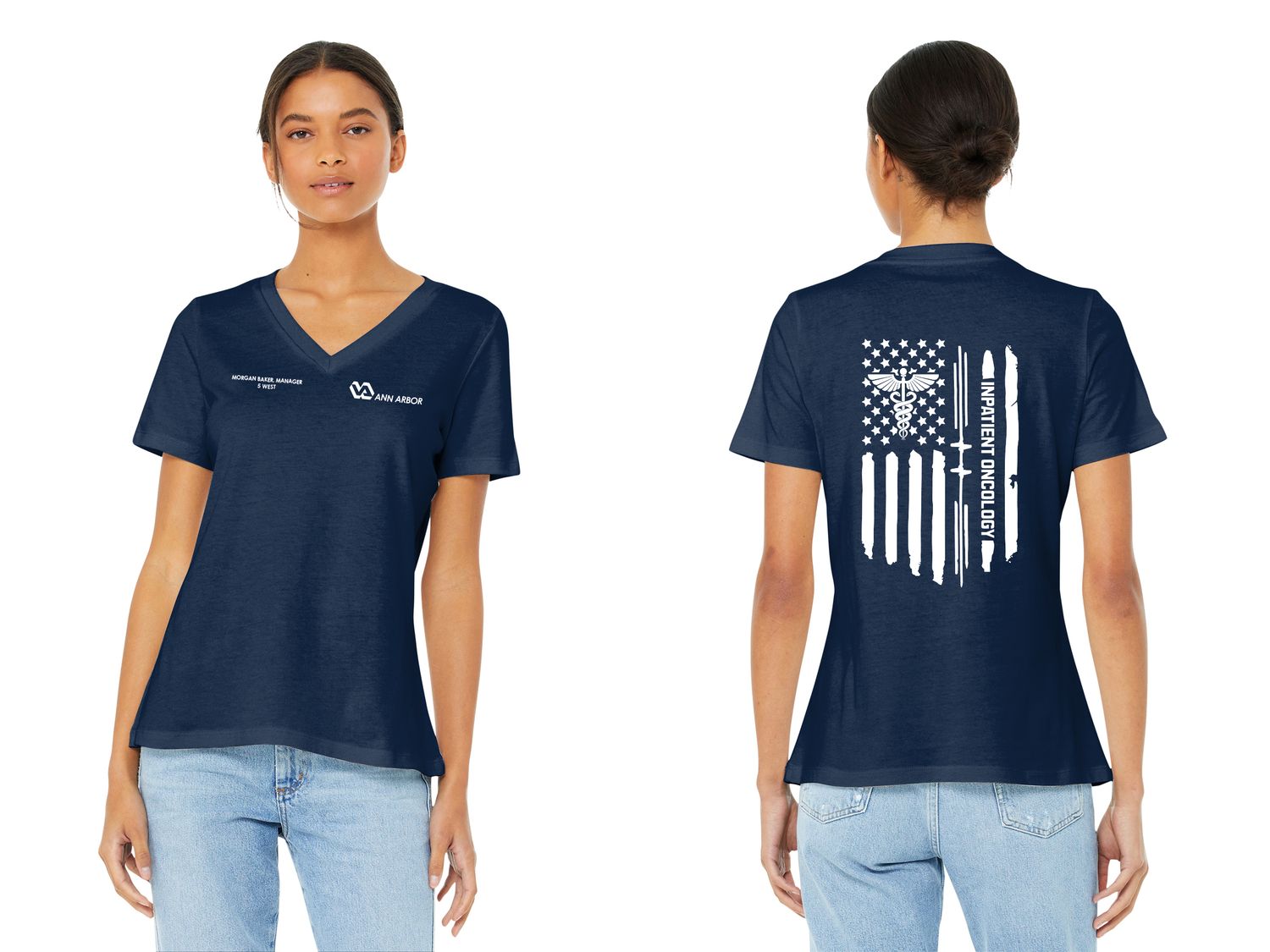 BELLA+CANVAS Women’s Relaxed Jersey Short Sleeve V-Neck Tee (White Flag logo)- Navy/ Red/ White