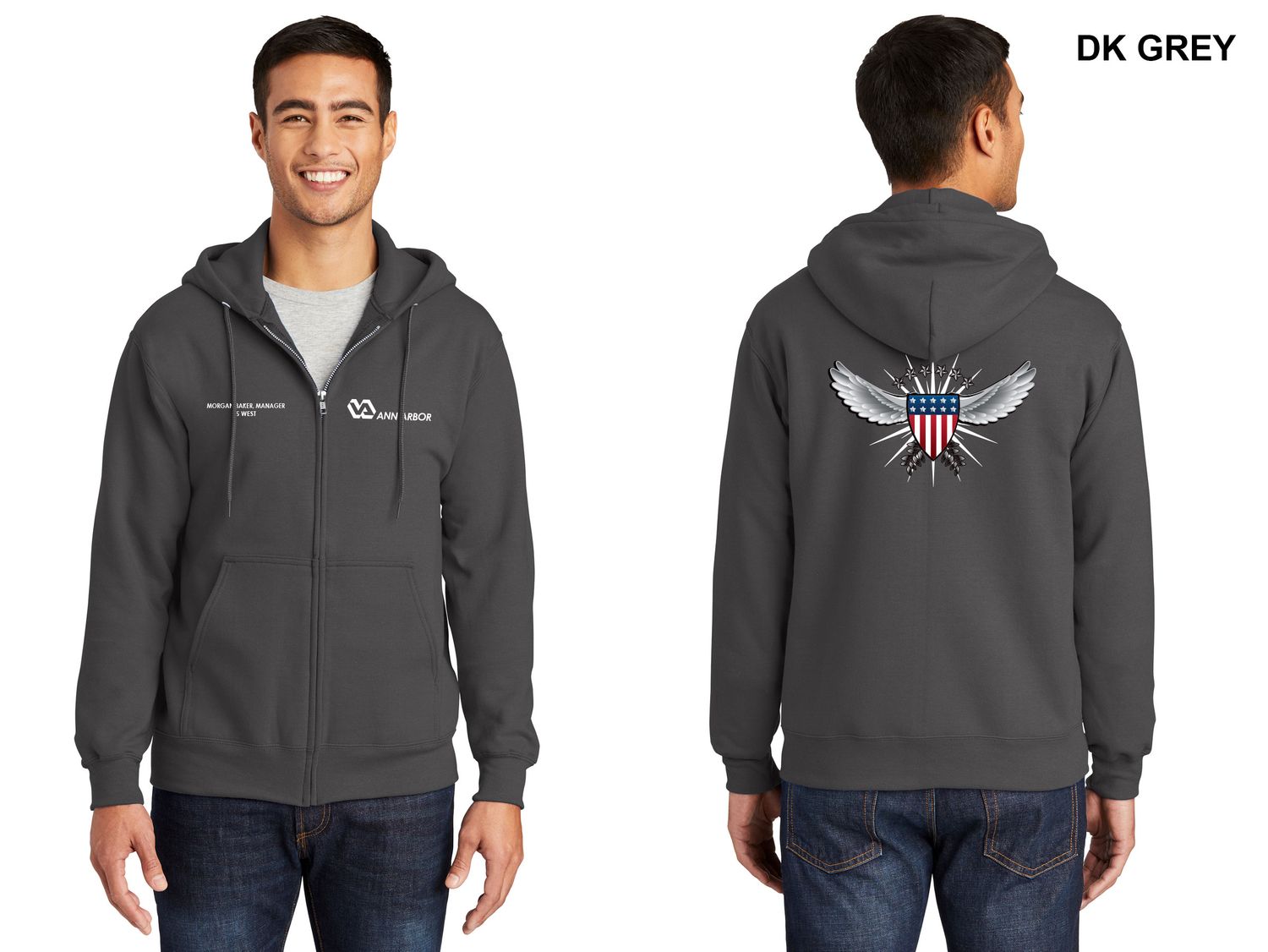 Unisex Fleece Full-Zip Hooded Sweatshirt (Wing/ Shield Logo) - Dk Grey/Lt Grey/Black/Navy/Royal