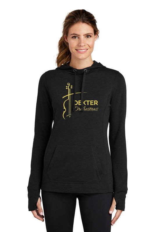 Ladies Sport Tek Tri-Blend Wicking Fleece Hooded Pullover- Black Solid, Dark Grey Heather