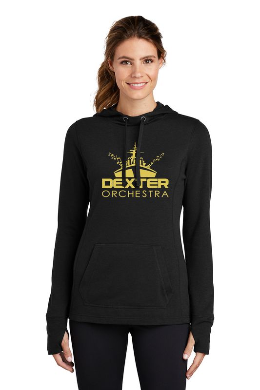 Ladies Sport Tek Tri-Blend Wicking Fleece Hooded Pullover- Black Solid, Dark Grey Heather