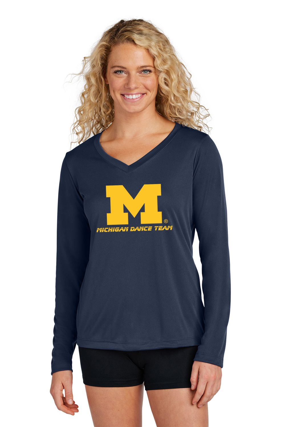 Ladies Long Sleeve Performance Tee- Navy, Grey Concrete Heather