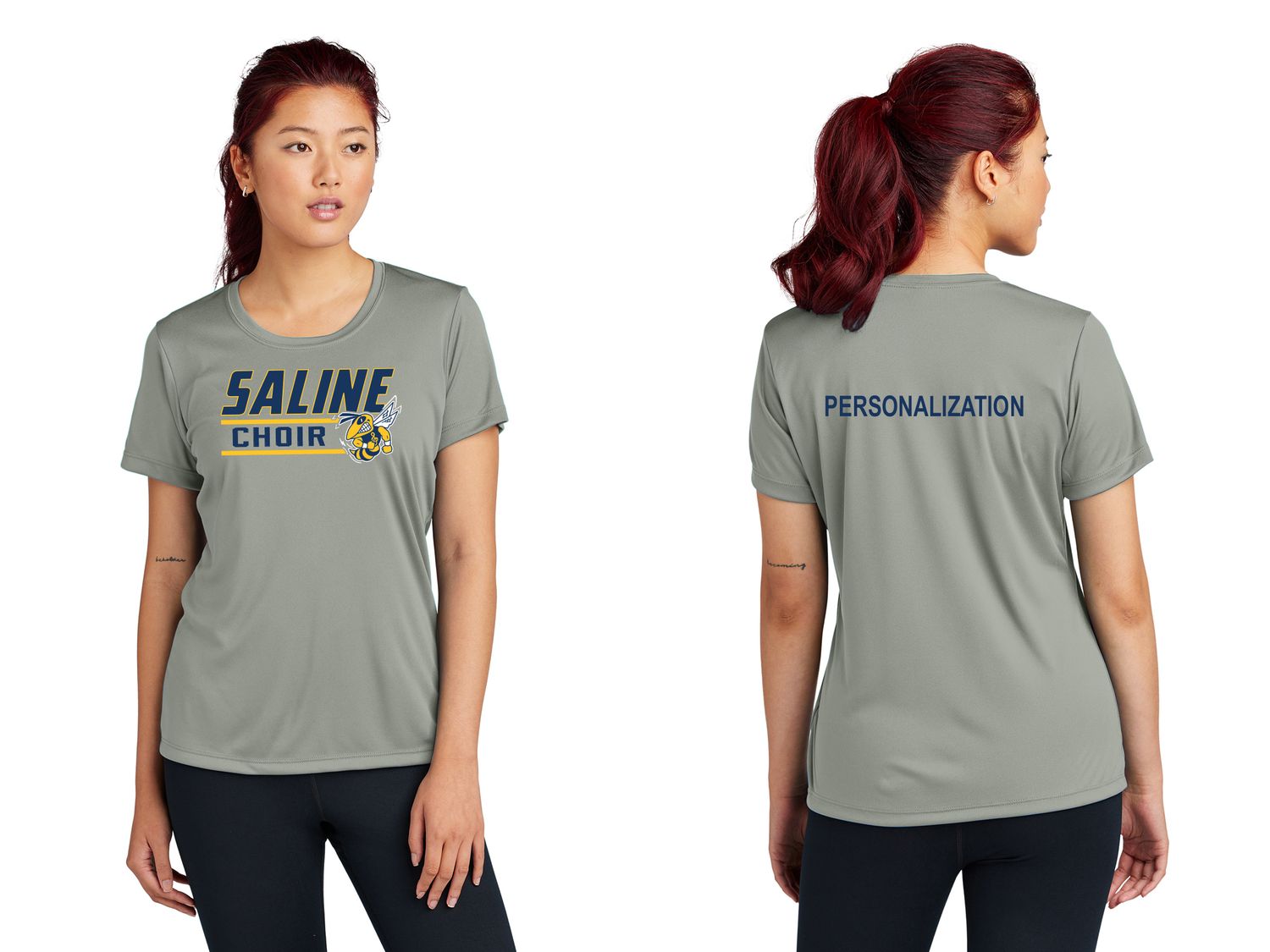 Ladies Short Sleeve Performance Tee- Navy, Concrete Grey