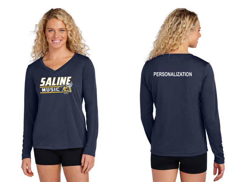 Ladies Long Sleeve Performance Tee- Navy, Concrete Grey