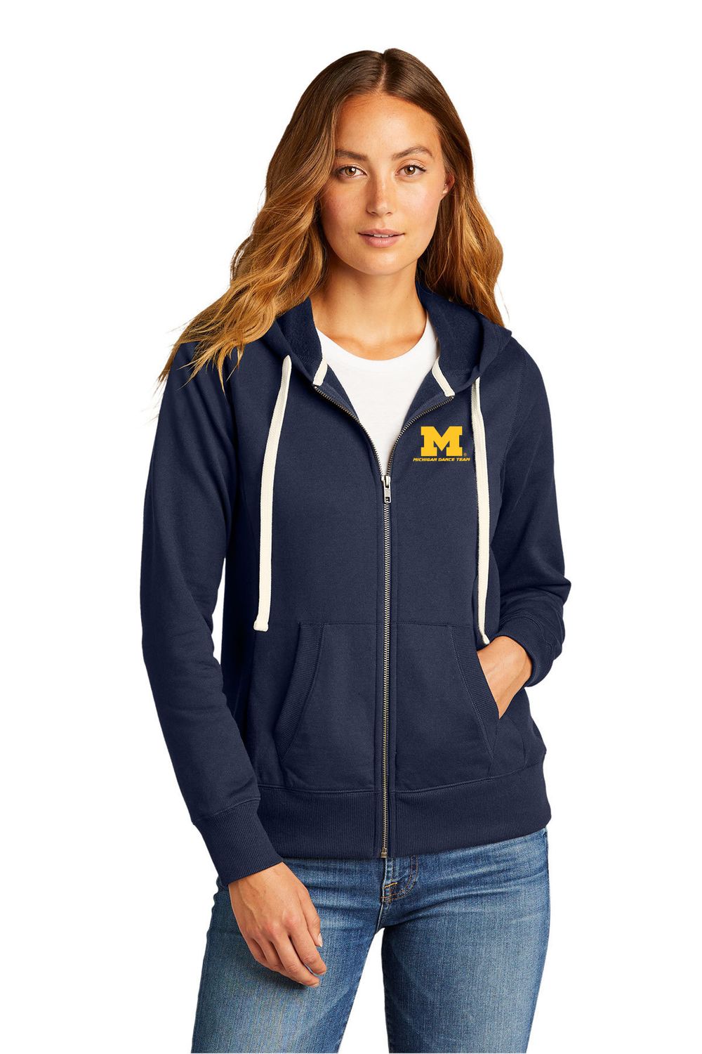 District Women's Re-Fleece Full-Zip Hoodie-Navy, Light Heather Grey
