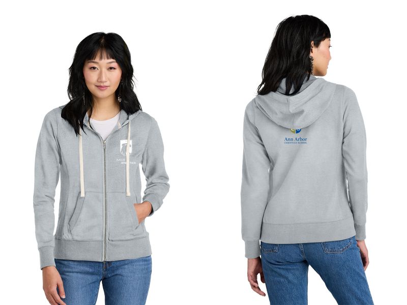District Women's Re-Fleece Full-Zip Hoodie-Black, Light Heather Grey