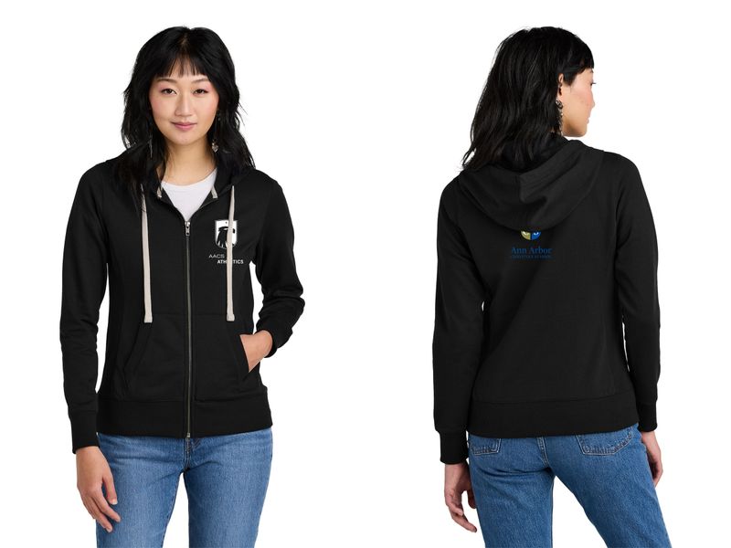 District Women's Re-Fleece Full-Zip Hoodie-Black, Light Heather Grey