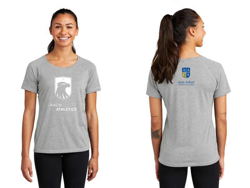 Ladies Tri-Blend Wicking Scoop Neck Raglan Tee-Black, Light Grey, Royal