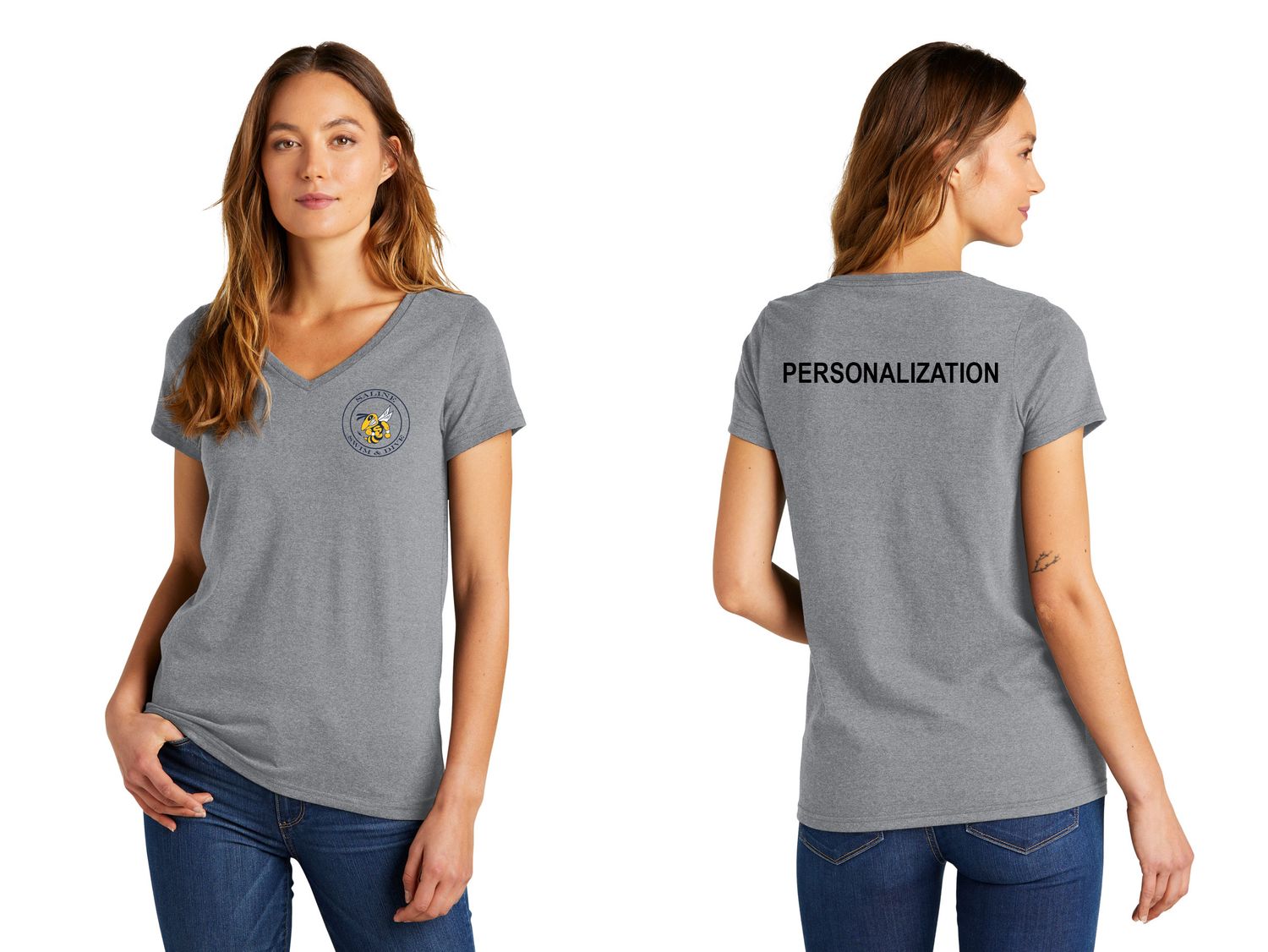 District Women's Concert Tee V Neck- White, Heather Grey
