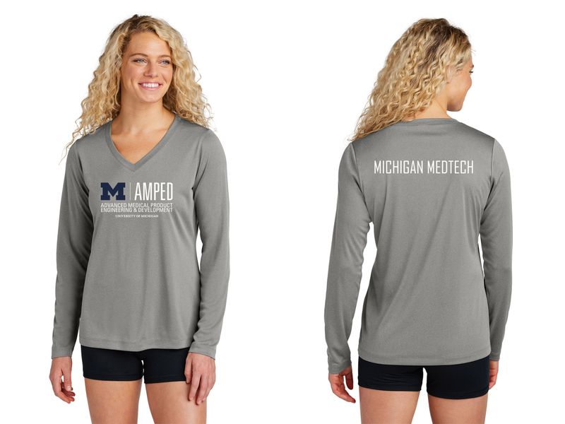 Ladies Long Sleeve Performance Tee- Navy, Concrete Heather Grey