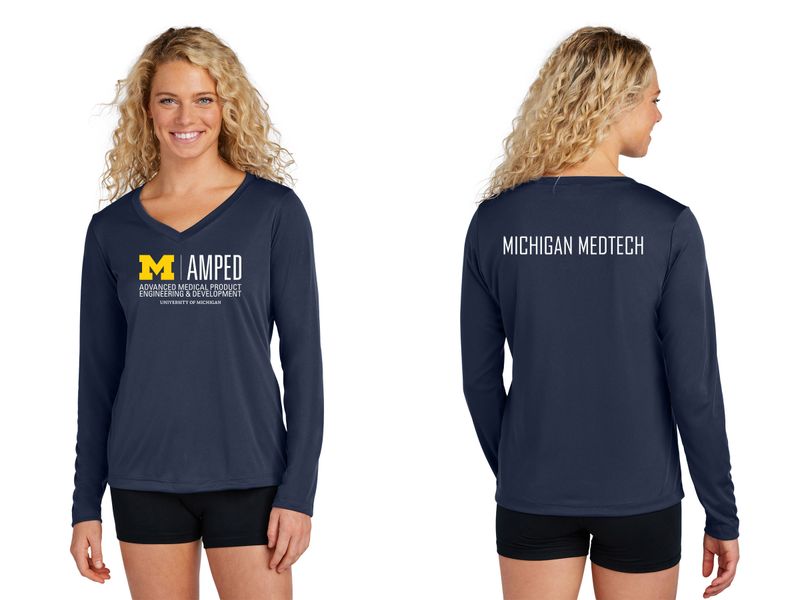 Ladies Long Sleeve Performance Tee- Navy, Concrete Heather Grey