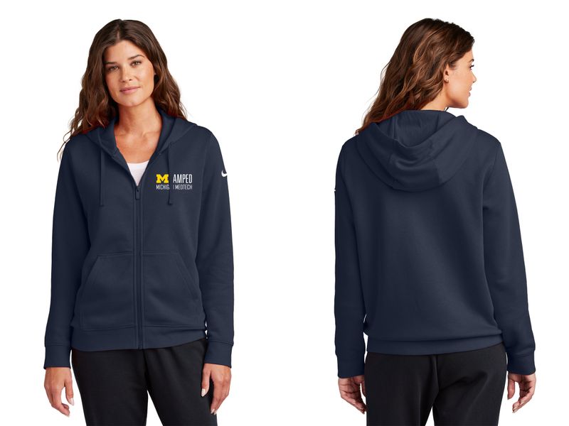 Nike Ladies Club Fleece Sleeve Swoosh Full-Zip Hoodie- Navy, Grey