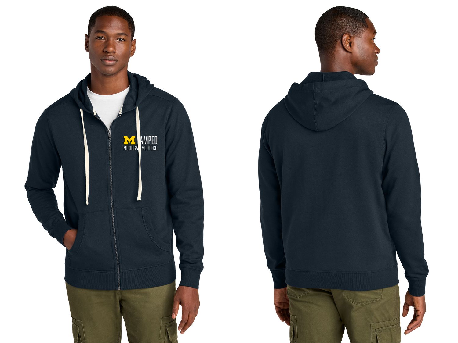 Unisex District Re-Fleece Full-Zip Hoodie- Navy, Light Grey Heather