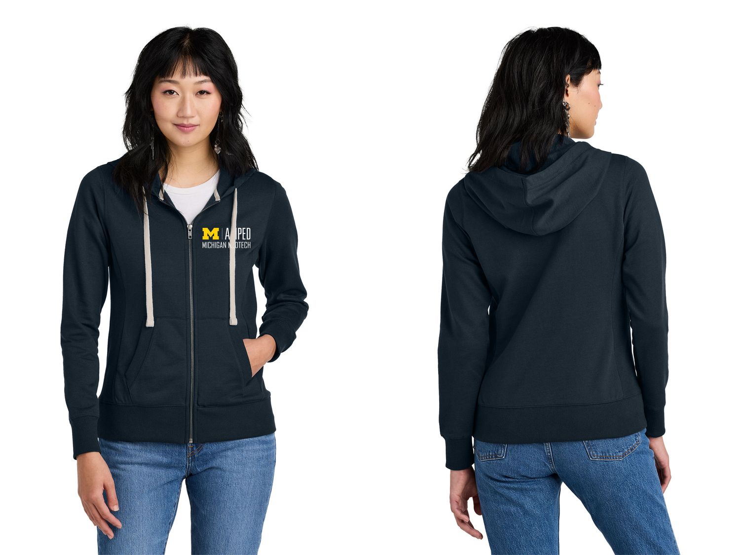 District Women's Re-Fleece Full-Zip Hoodie-Navy, Light Heather Grey