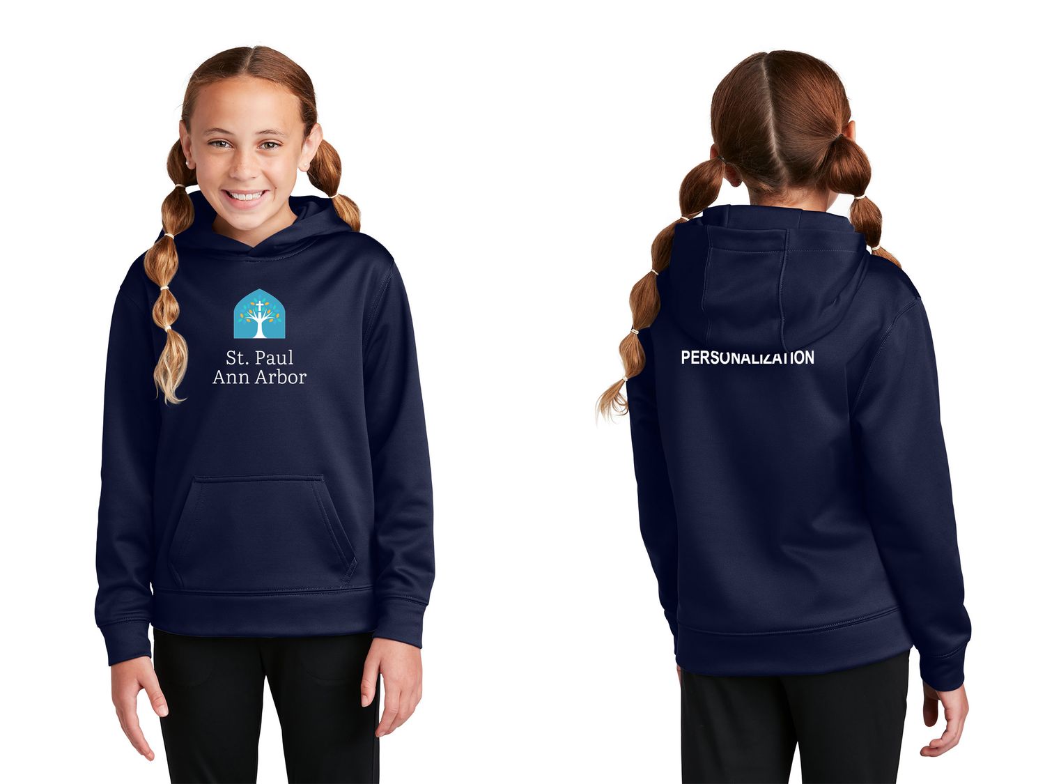 Youth Performance Fleece Hooded Sweatshirt- Navy, Grey