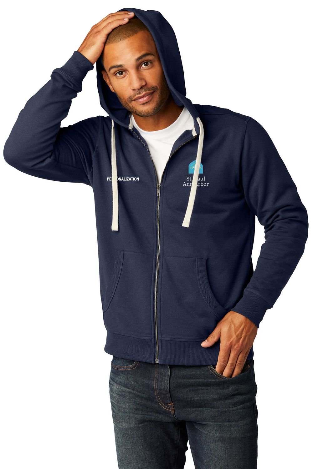 Adult Fleece Full Zip Hoodie-  Light Heather Grey, Navy