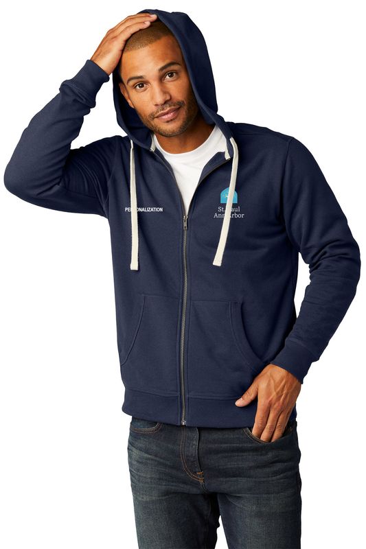 Adult Fleece Full Zip Hoodie-  Light Heather Grey, Navy