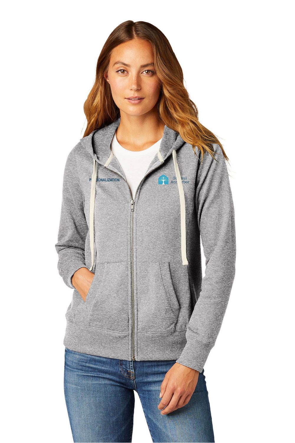 District Women's Re-Fleece Full-Zip Hoodie-Light Grey, Navy