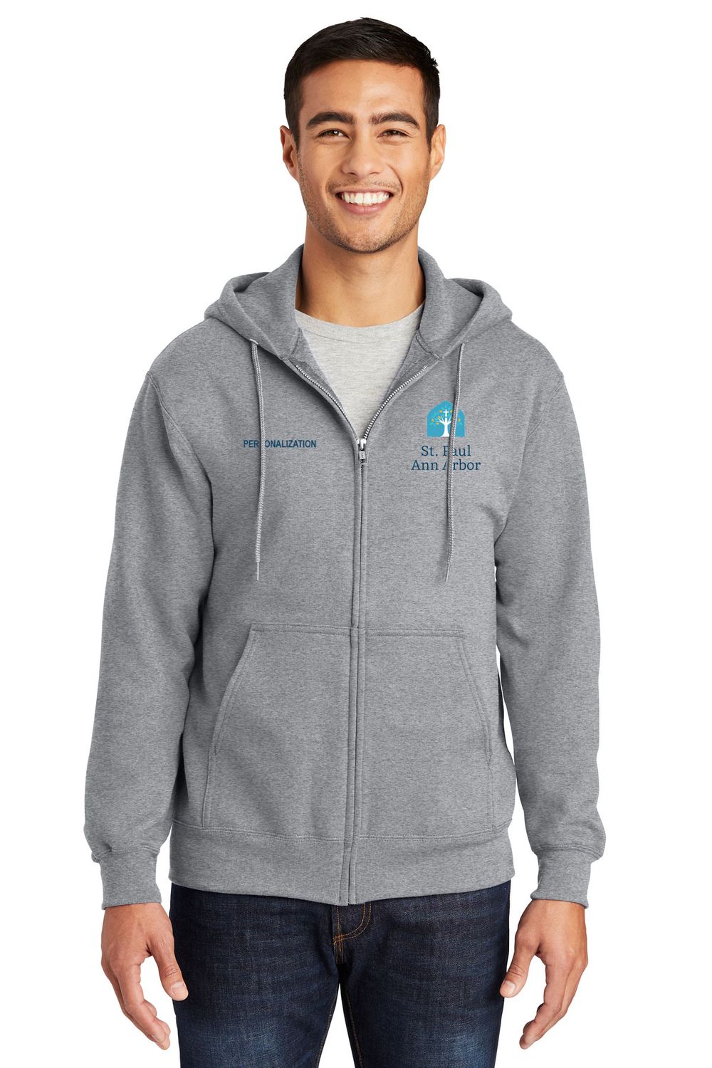 Fleece Full-Zip Hooded Sweatshirt - Navy,  Heather Grey
