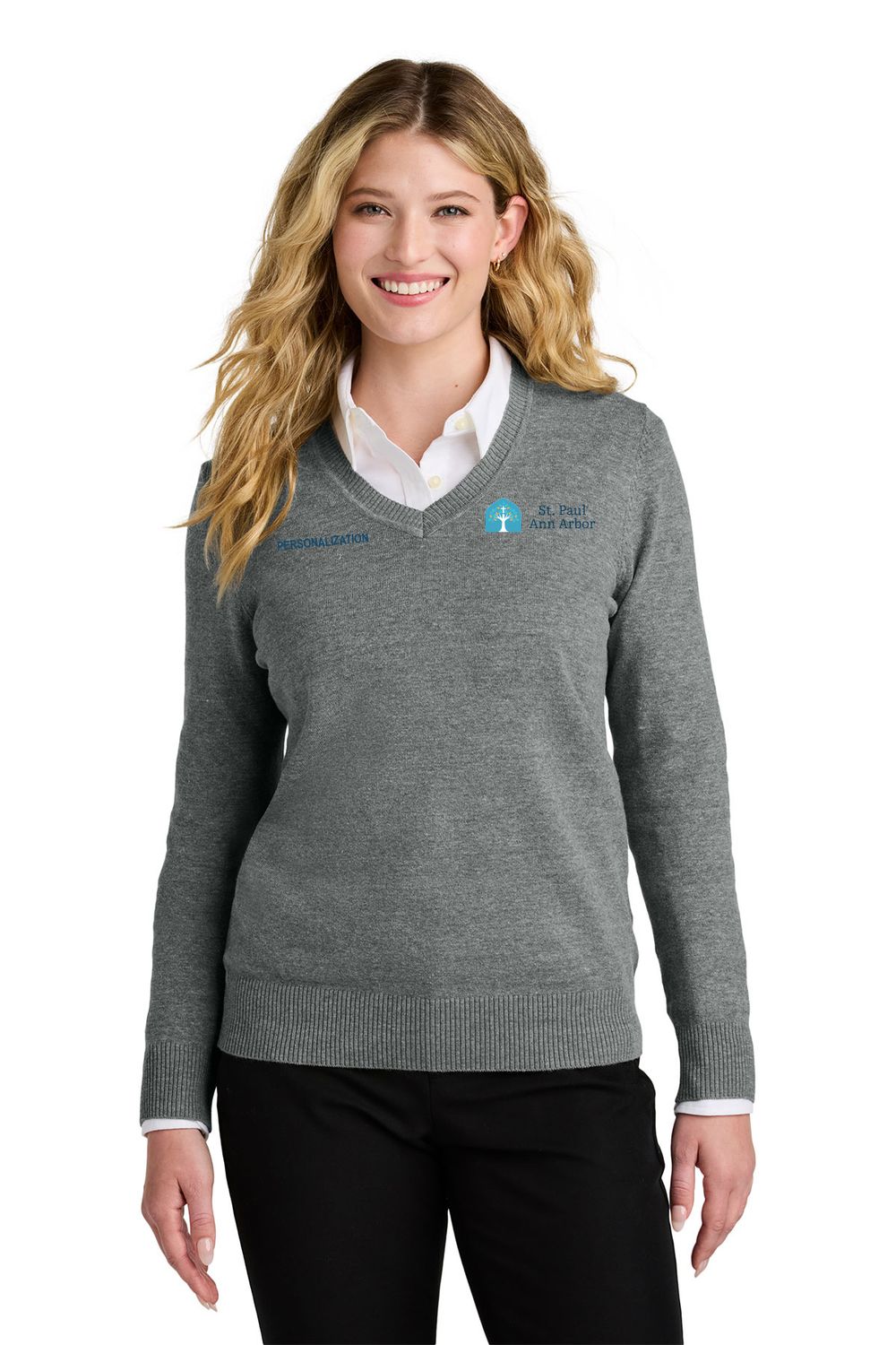 Ladies V-Neck Sweater - Navy, Grey