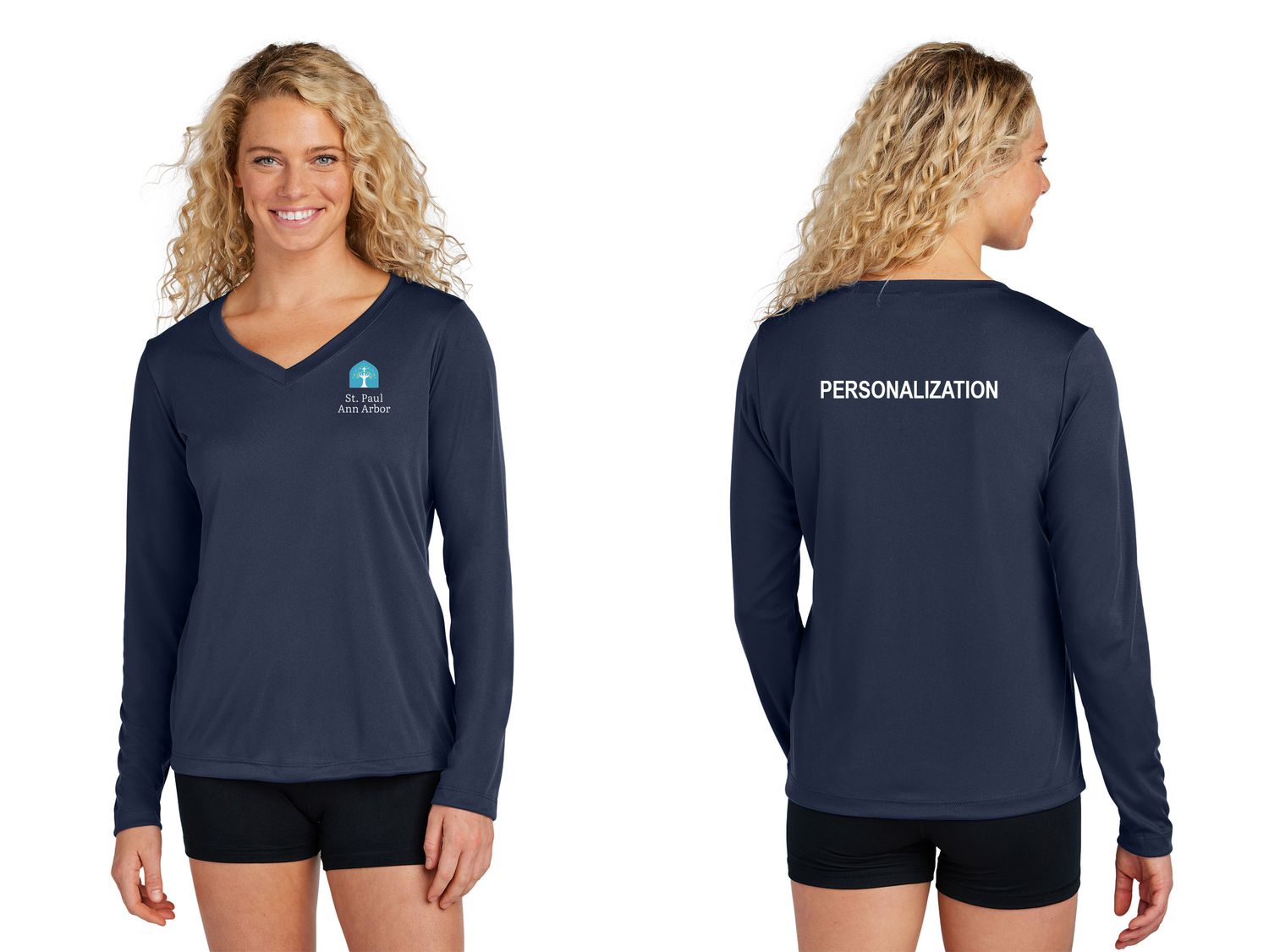 Ladies Long Sleeve Performance Tee- Navy, Dark Grey