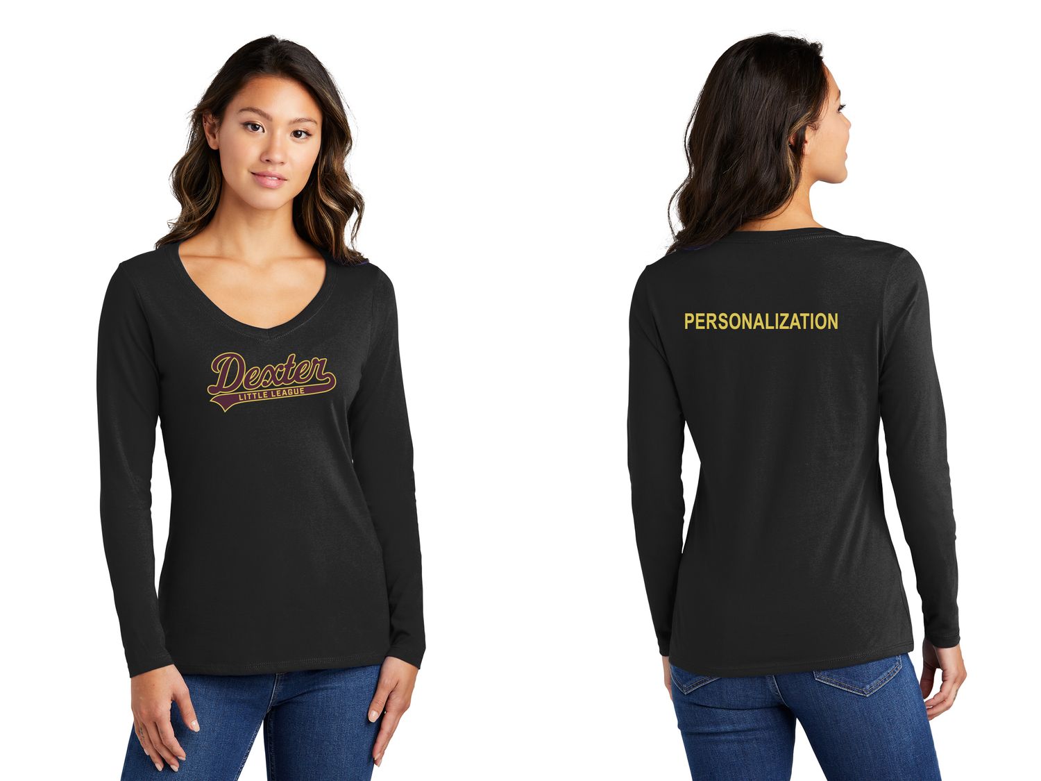 Ladies V-Neck Long Sleeve Cotton Tee- Maroon, Black
